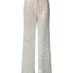 Showpo Sequin Wide Leg Trousers - Cream and White